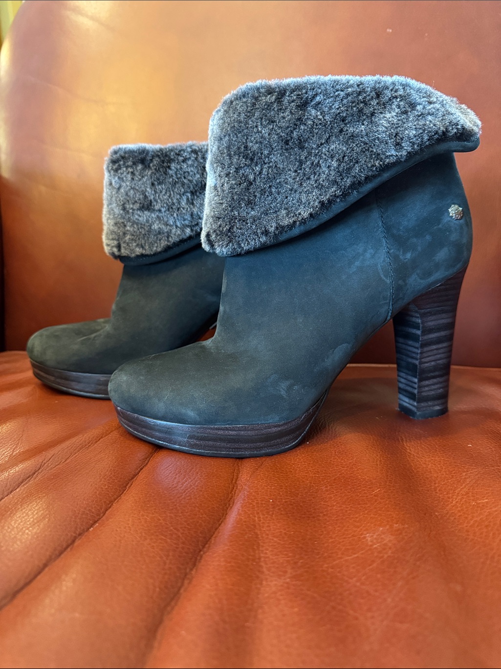 Ugg Black Suede Faux-Fur Cuff Heeled Ankle Boots